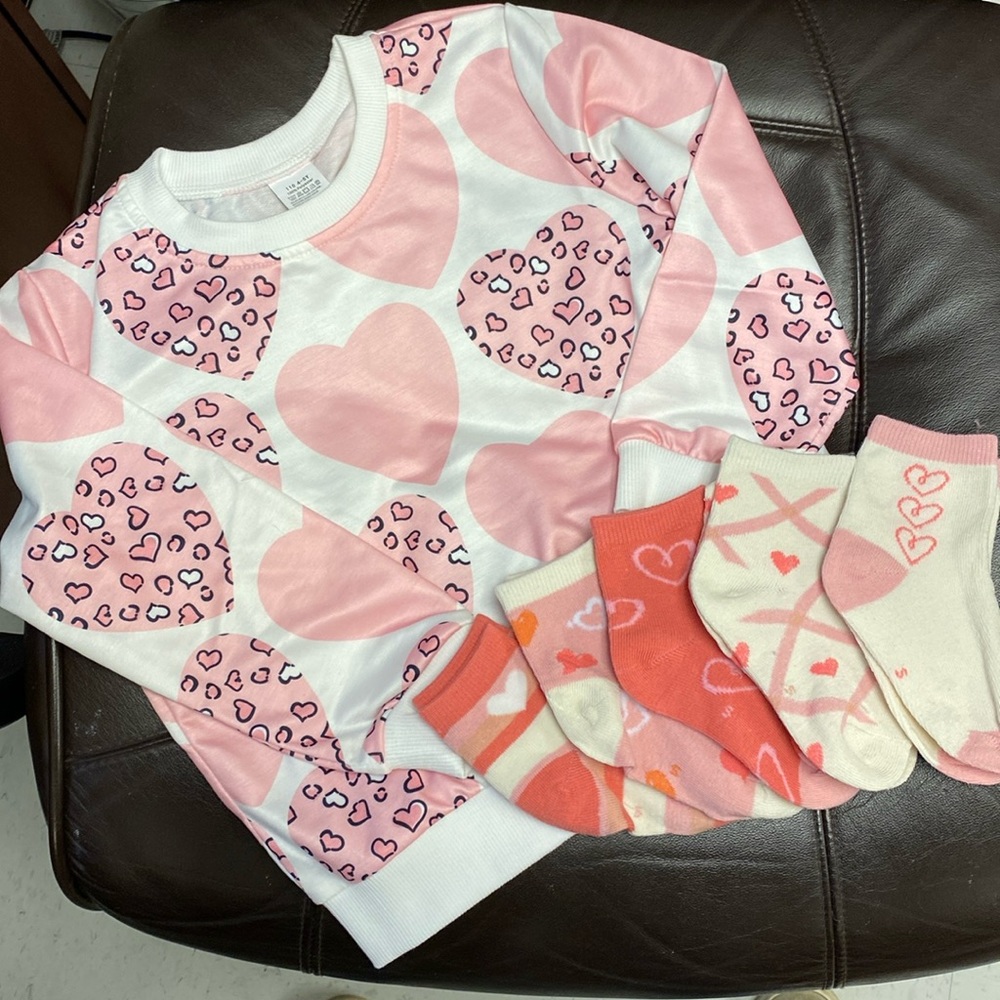 Little Girls Valentine Sweatshirt and 4T -5T and 5 or of valentine socks